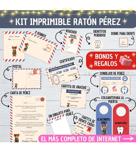 Kit Imprimible Ratón Pérez. Certificado/cartas/sobres/puerta