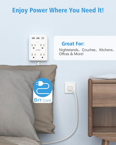 Extensor De Tomacorriente Plano Con 3 Enchufes De Pared Usb