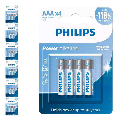 28 Pilhas Alcalinas Aaa 3a Palito Philips 7 Cart