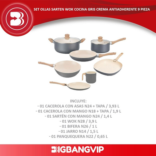 Imagen 2 de 6 de Set Sarten Wok Olla Cocina Gris Crema Antiadherente 9 Piezas