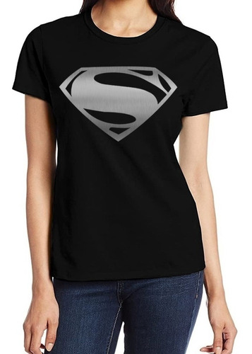 Polera Estampada Superman Simbolo Plateado Negro