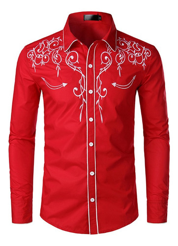 Western Vaquero Camisa Hombres Marca Diseño Bordado Slim Fi