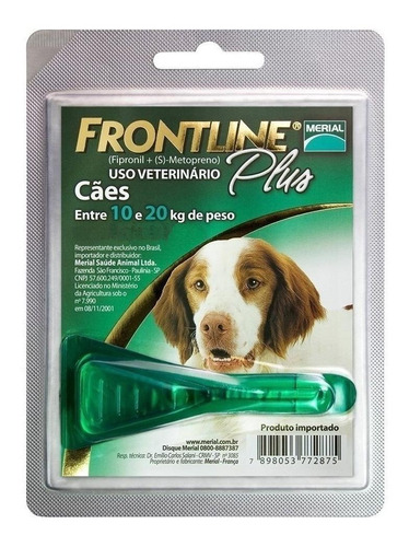 Pipeta antiparasitário para pulga Merial Frontline Plus para cão de 10kg a 20kg pack 3 unidades