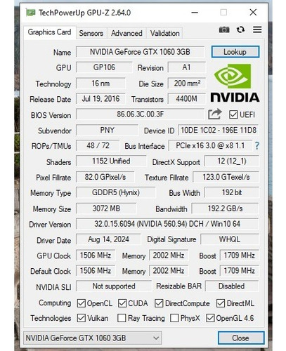 Tarjeta Gráfica Nvidia Geforce Gtx 1060 3gb Gddr5 192bits