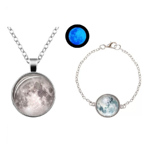 Collar + Brazalete Luna Llena Brilla En La Obscuridad Azul