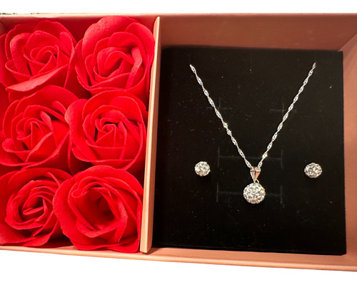 Regalo Mujer. Conjunto Collar Y Aros Strass Rosas Día Madre