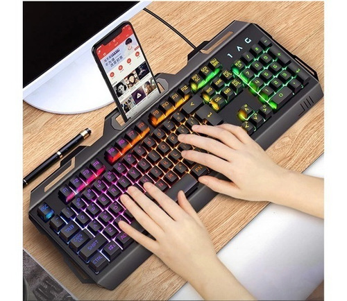 Teclado Iluminado Gamer Semi Mecânico Led Base Jogo Note Pc Cor de teclado Preto Idioma Português Brasil