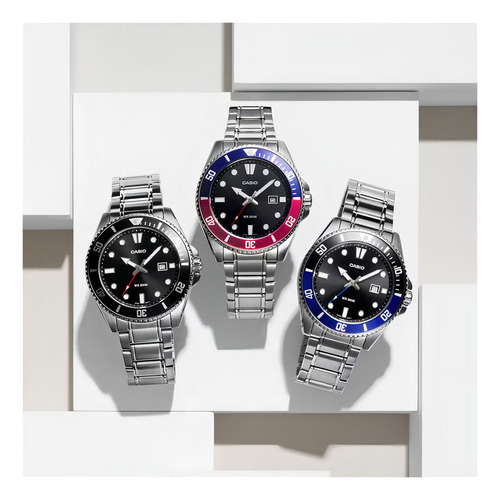 Reloj Casio Hombre Mdv-107d-1a1 Analogico 200m Acero Inox Color De La Malla Plateado Color Del Bisel Negro Color Del Fondo Negro
