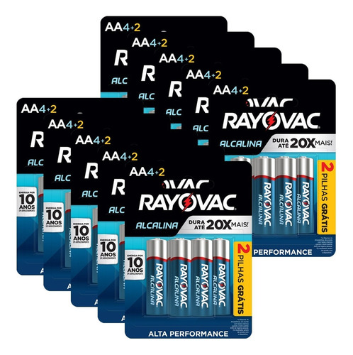 60 Pilhas Aa Alcalina Rayovac 10 Cart C/ 6 Unid