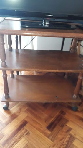 Mesa Tv Madera Maciza Roble Claro Con Ruedas 3 Estantes