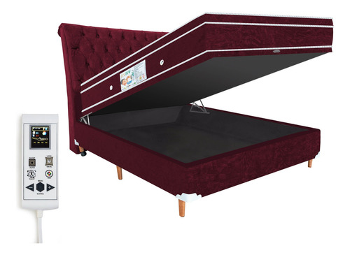 Colchão Magnético Casal 1,38x1,88 Massageador Cromoterapia Energia Bio Quântica Infra Vermelho + Cama Box Bau Cabeceira Cor Bordô