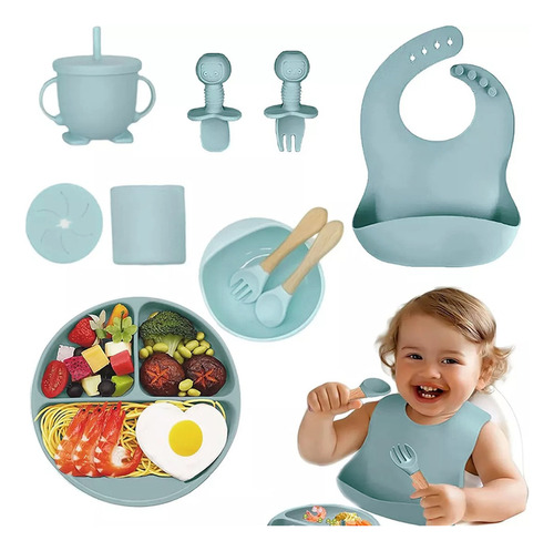 Set Alimentación Silicona Libre Bpa 10 Piezas Antideslizante Color Verde