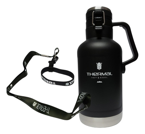 Kit Garrafa Growler Preta Térmica 1,9 L Thermal+ Tirante Cor Preto