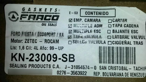 Imagen 1 de 3 de Empacaduras Fiesta Ka Ecosport 1.6 Kn23009sb (20)tr