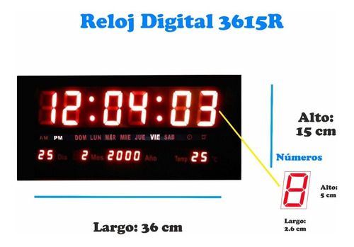 Imagen 3 de 4 de Reloj Digital De Pared 36x 15cm Termometro Calendario Alarma