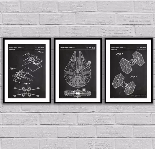 Cuadro Patente Millenium Falcon Star Wars Marco Negro Poliuretano Poster  Laminado Mate Decorativo Materiales De Calidad