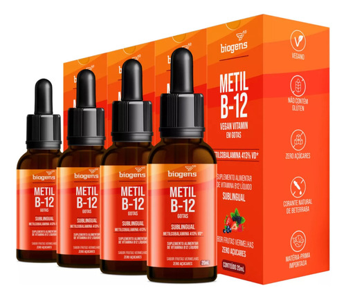 Kit Com 4x Metil B-12 Vegan Vitamin Gotas Liquida Metilcobalamina 413% Vd Sublingual Sabor Frutas Vermelhas 20ml Biogens