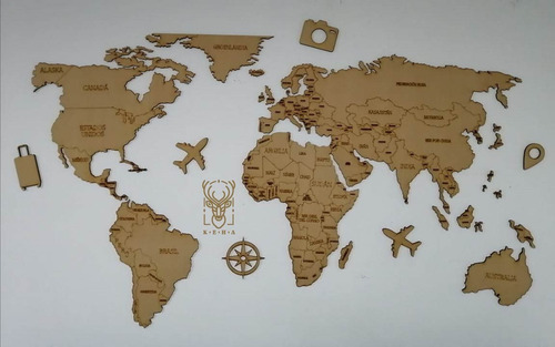 Imagen 1 de 7 de Mapa De Viajes Pared Decorativo Madera De 6mm | 1.80 M X 1 M