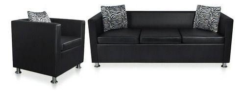 Conjunto De Sofá Sillón Y 3 Plazas Piel Sintética Negra Color Negro