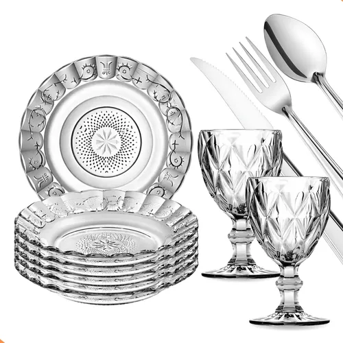 KIT JANTAR 30 PEÇAS - PRATOS, TAÇAS E TALHERES INOX TRANSPARENTE EGÍPCIO E DIAMANTE