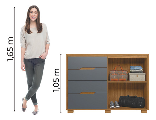 Cômoda 4 Gavetas 2 Portas Com Ripado Moval Texas Freijó/cinza Cor Freijó/gra
