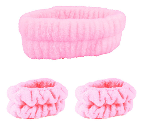 Kit Diadema Sin Moño De Pelo Y Muñequeras Slim Company Microfibra Para Skincare El Cuidado Facial Y Maquillaje Spa En Casa Color Rosa Claro
