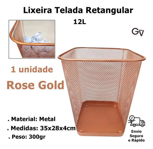 Cesto Lixeira Retangular Metal Aramado Rose Gold 12l