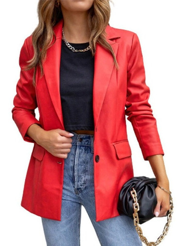 Blazer De Cuero Liso Para Mujer Con Bolsillos De Color Liso