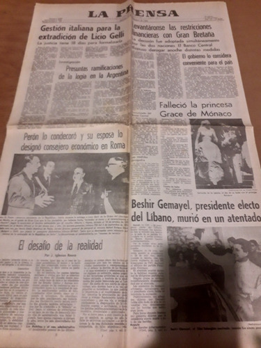 Diario La Prensa 15 09 1982 Perón Licio Gelli Princesa Grace (Usado)