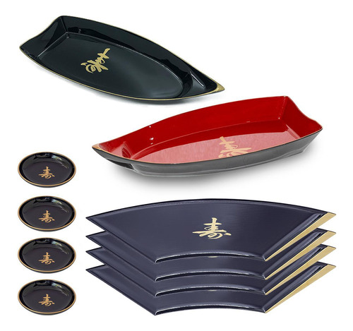 Kit Japonês Oriental Com 4 Prato 4 Molheira E 2 Barcos