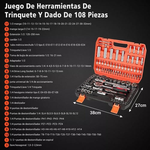 Juego De Herramientas De 108 Piezas 1/4 Y 1/2 Con Llaves