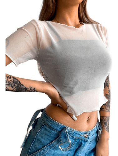 Crop Top Remera Mujer Microtul Transparente Manga Corta Sexy