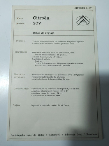 Citroen 2 Cv Ficha Técnica Sistema Eléctrico