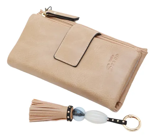 Billetera / Monedero Dama Amplias Reparticiones + Llavero Beige Liso