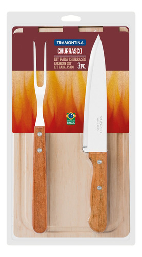 Kit Tramontina para asar tallado de 3 piezas con tabla de madera natural y cuchillas de acero inoxidable