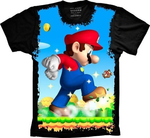 Camiseta Unissex Preta Estampa Super Mario Bros Plus Size