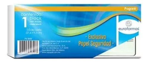  Pagare Euroformas Papel Seguridad 21.6x9.3 Cm Block C/100