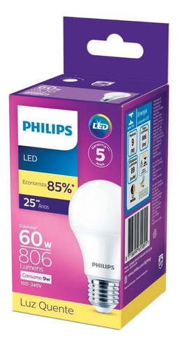 Kit 6 Lampadas Led Bulbo 9w 806lm Bivolt Philips Cor Da Luz Branco-quente 110v/220v