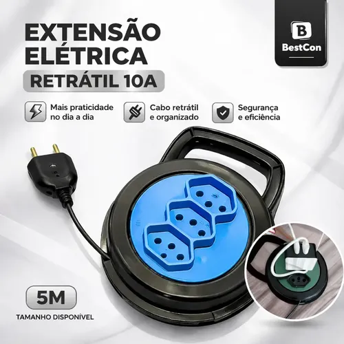 Bestcon Extensão Elétrica 5 Metros Retrátil 10a 127v 220v Bivolt 3 Entradas Bestc