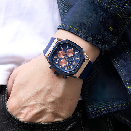 Reloj Cronógrafo Con Calendario Cuadrado Megir Color De La Correa Azul