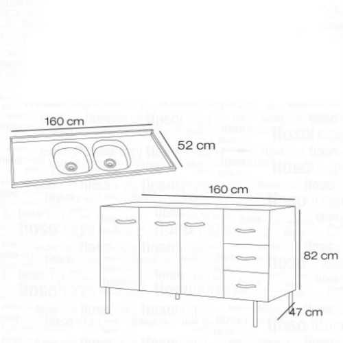 Imagen 3 de 10 de Combo Cocina Bajo Mesada Bacha Acero Doble 1.60 Blanco Envio