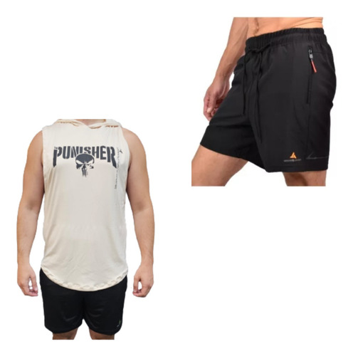 Musculosa Hombre Punisher Crudo + Short Microfibra Negro