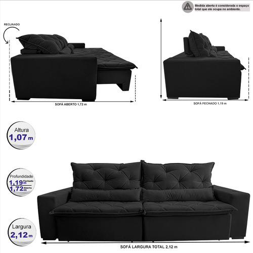 Sofá Lisboa 2,12m Retrátil, Reclinável com Molas no Assento Tecido Suede Velusoft Preto - Cama InBox