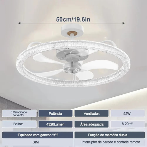 Ventilador De Teto Crystal Com Luz Led, 60w, 3 Cores 127/220