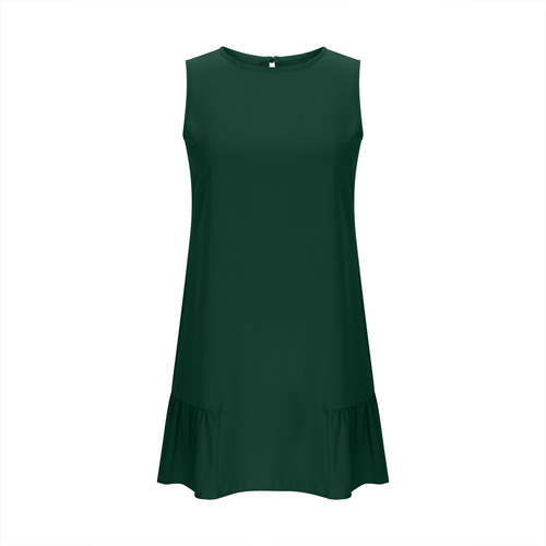 Vestido De Verano De Color Liso Con Cuello Redondo Y Cuello
