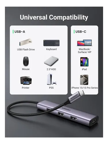 Hub Usb C De Aluminio Ugreen, Concentrador Usb C A Usb 3.0 4