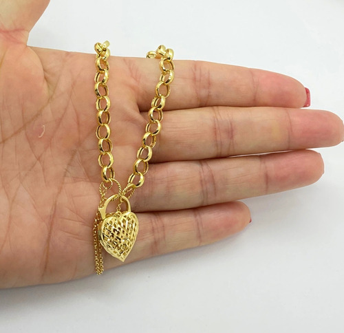 Pulseira Fem. Elo Português Com Fecho Coração 22cm Ouro 18k