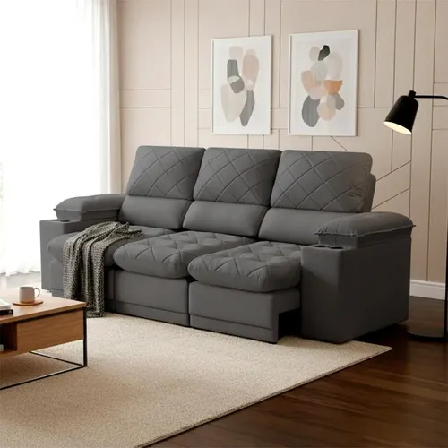 Sofá Veneza 2,40m Retrátil Reclinável Grafite Usb Porta Copo Grafite