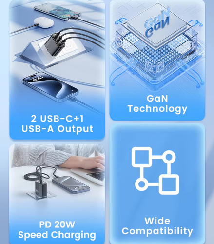 Cargador Celular Gan / Carga Rapida / 3 En 1 / Usb A Tipo C