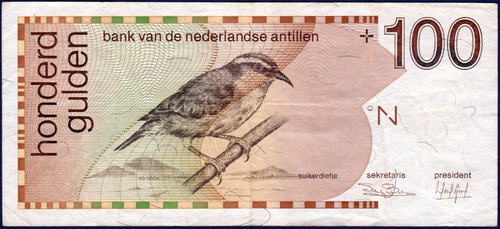 100 Gulden 31 03 1986 Billete De Antillas Holandesas Pájaro